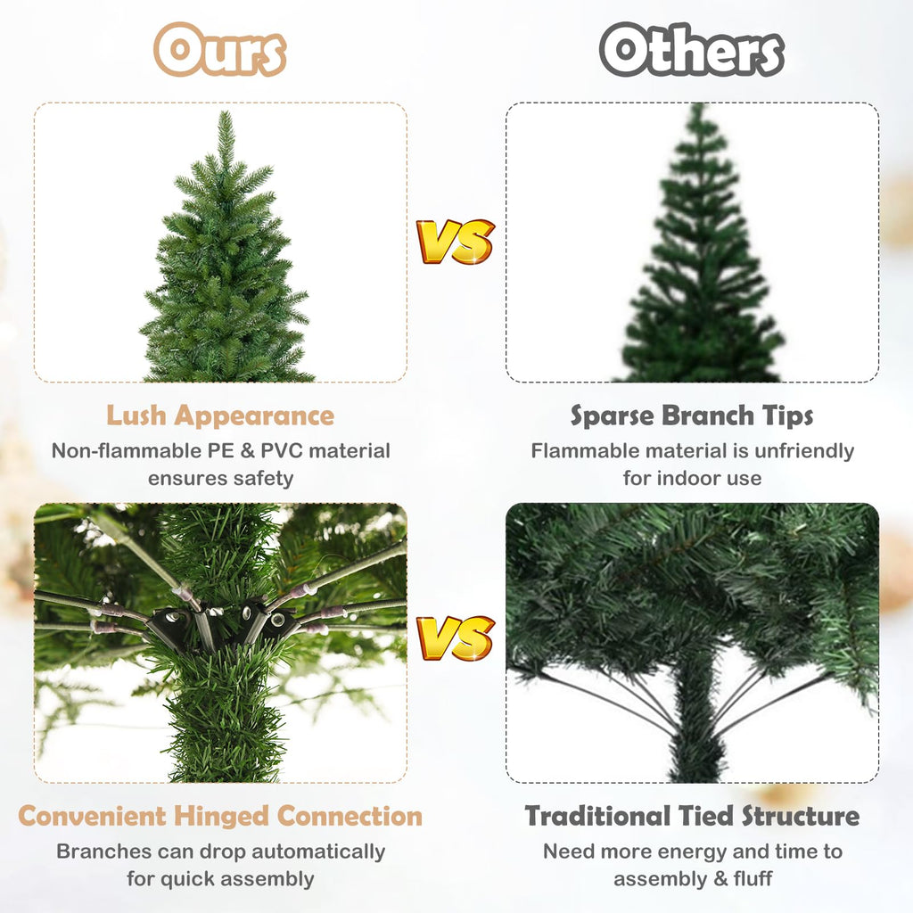 5FT Pre-Lit Artificial Christmas Tree with 390 Tips, 180 LED Lights, 10 Lighting Modes, Hinged Slim Pencil Xmas Tree