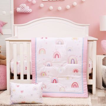 Crib Bedding Set for Girls 3 Piece Baby Bedding Sets Pink Rainbow