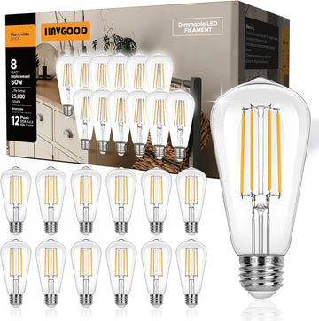 12 Pack LED Light Bulbs Dimmable Vintage Edison Bulb, 800 Lumens E26 LED Bulb 60W Equivalent, Warm White 2700K, ST58