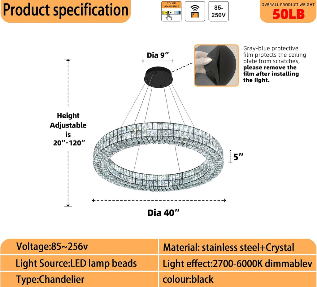 Modern Black LED Ring Chandelier Dimmable Crystal Chandeliers for Dining Room Foyer Living Room Entryway Staircase(2700K-6000k, D40 inch) A122-B0CHMKK7WW