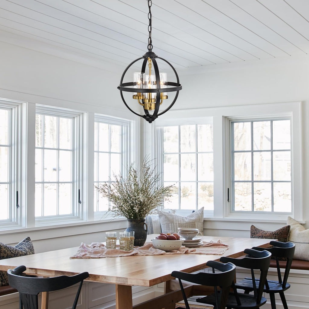 Rustic Chandelier, 14" Farmhouse Globe Orb Pendant Light, Vintage Black and Gold 3-Light E12 Adjustable Ceiling
