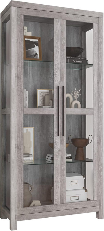 68" Avalon Glass Display Cabinet - Gray Wash | Adjustable Shelves,Tempered Glass Doors,Tall Curio Cabinet,Trophy