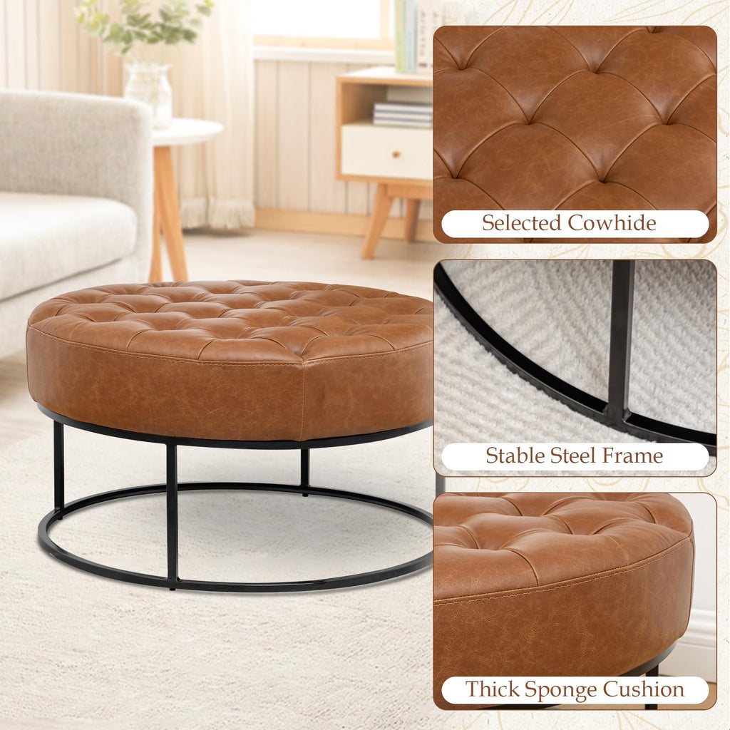 Modern Genuine Leather Round Coffee Table, 30'' Farmhouse Ottoman, Large Vintage Genuine Leather Coffee Tables with