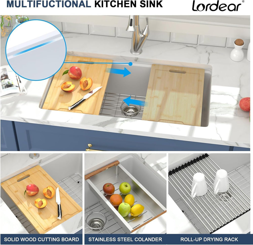 33 Inch White Kitchen Sink Undermount Composite Granite Quartz Single Bowl Workstation 33x19x10 Inch Under Counter