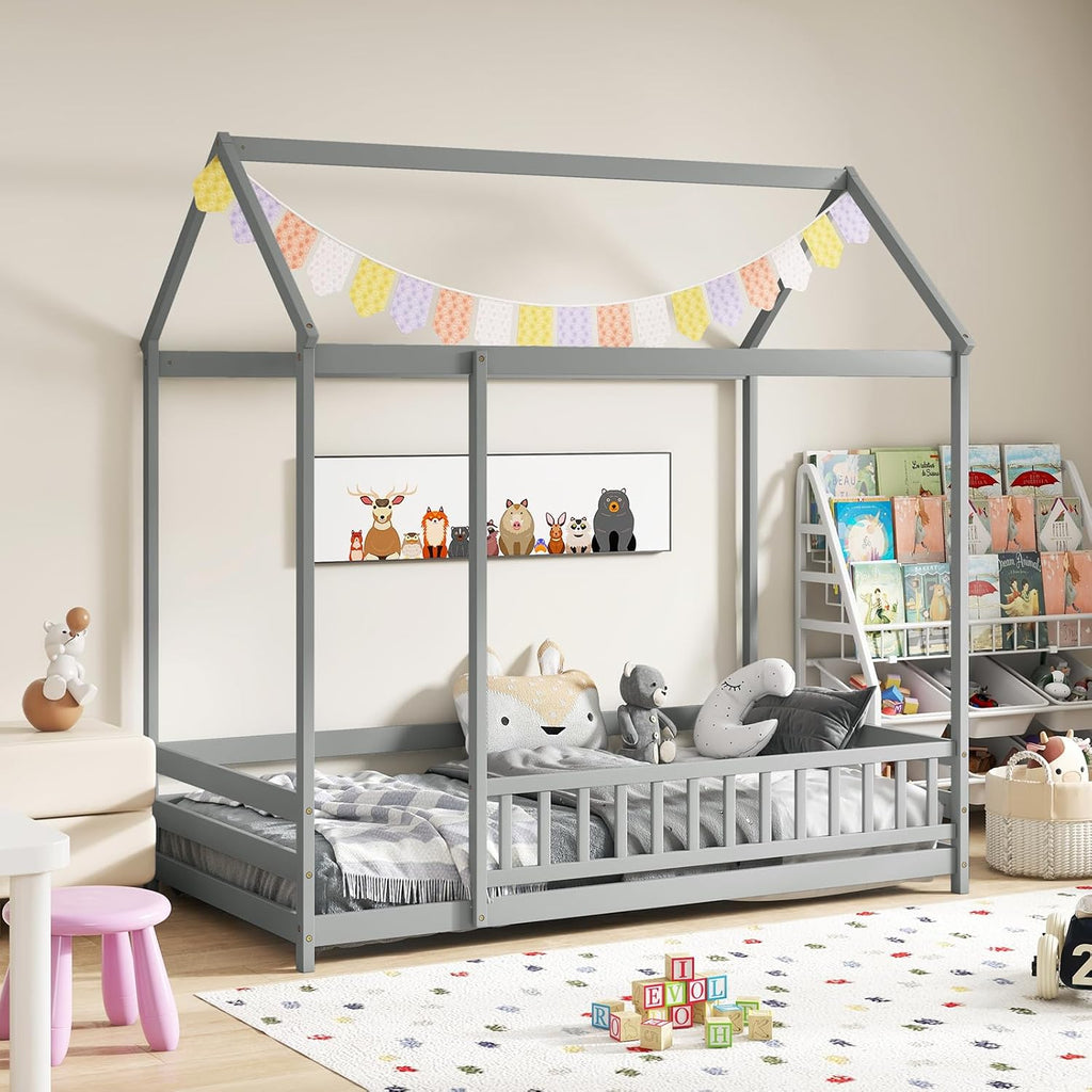 Floor House Bed, Wooden Montessori Bed with Roof &Full-Length Safety Guardrail, Floor Playhouse Bed Frame
