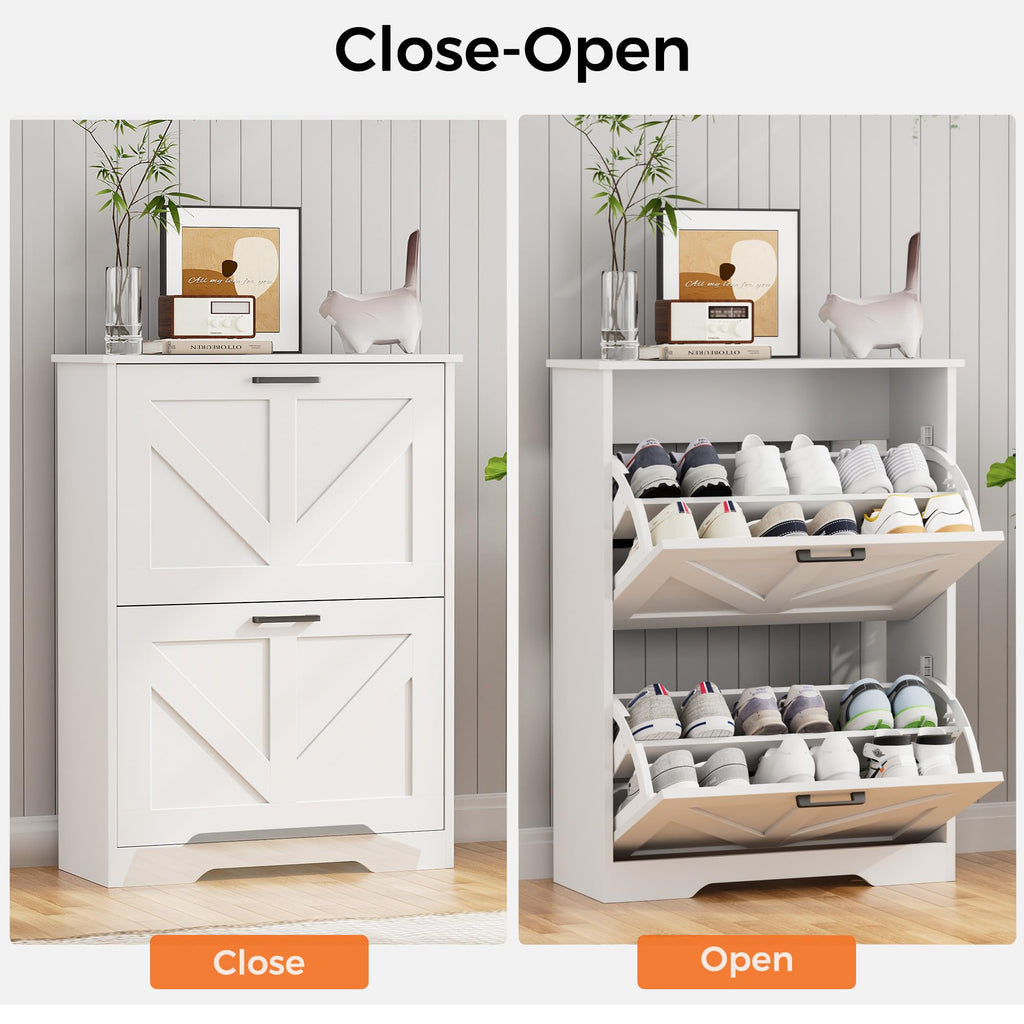 Farmhouse Shoe Cabinet, 2 Barn-Style Flip Drawers