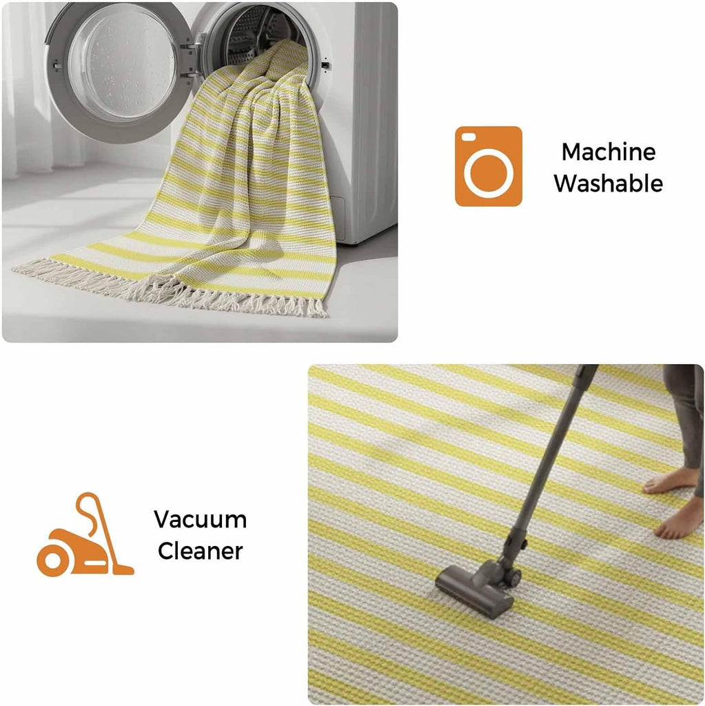 Minimalist Lemon Yellow Striped Runner Rug with Tassel Modern Art Vertical Line Print Entryway Rugs Washable