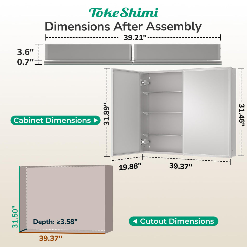 40 x 32 Medicine Cabinet Mirror, Assembly Required, Recessed Medicine Cabinet with Mirror, Aluminum Frame, DTC