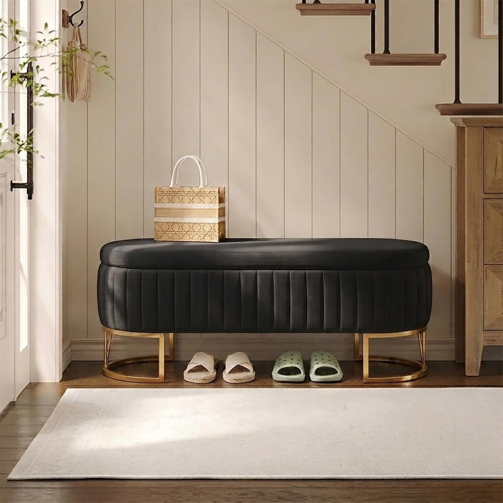 46" Storage Ottoman Bench, Velvet Oval End of Bed Bench Black | Easy 1-Min Assembly, High-Resilience Foam, Large