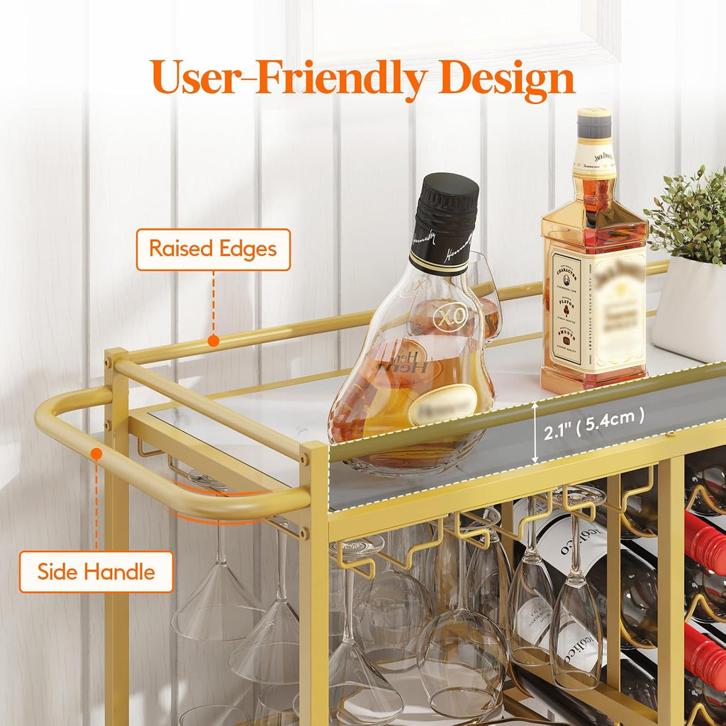 3 Tier Rolling Serving Bar Cart with Lockable Wheels, Gold | 12 wine rack and 3 rows glass holders, liquor serving
