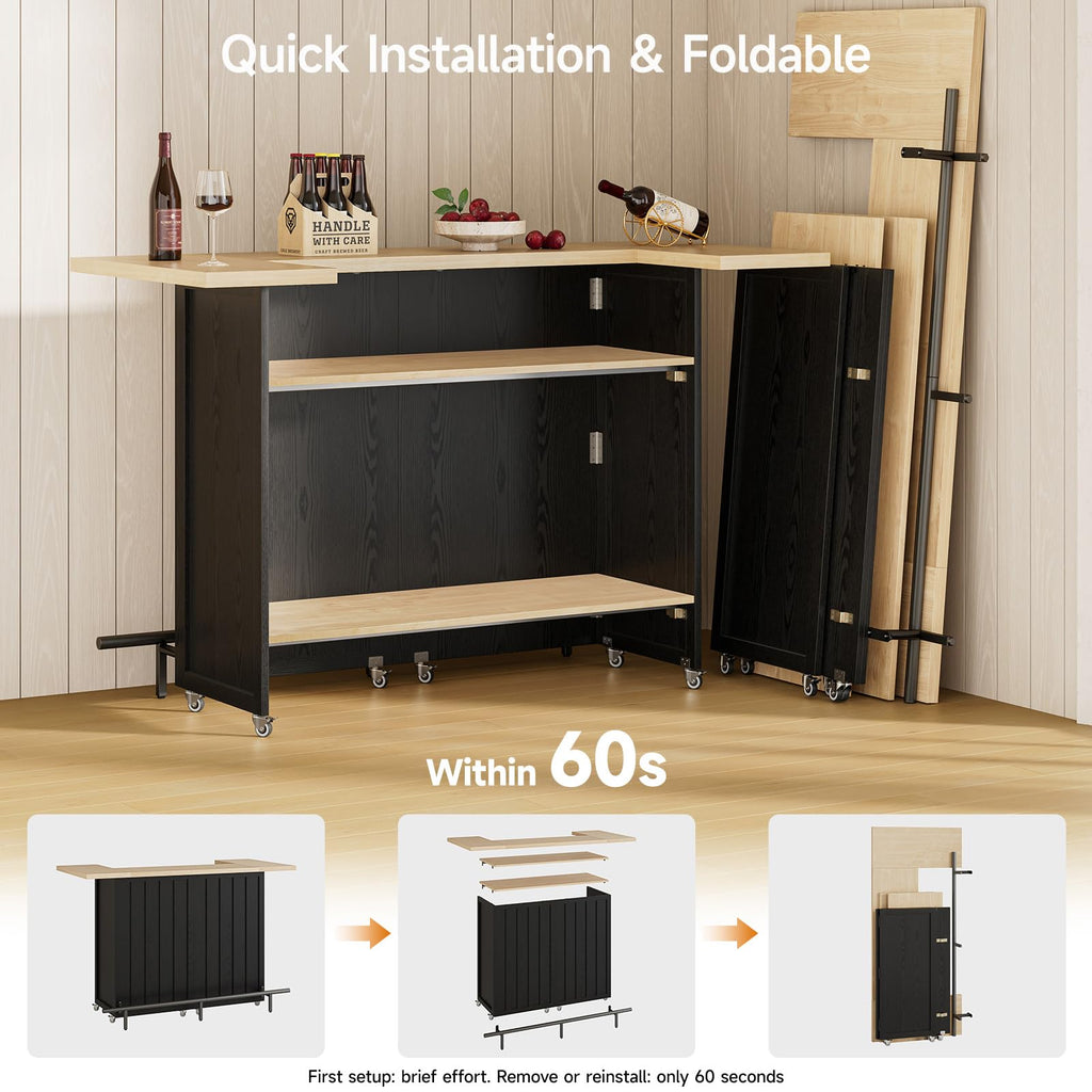 61" Foldable Bar Table, Mobile Party Bar Station on Lockable Wheel
