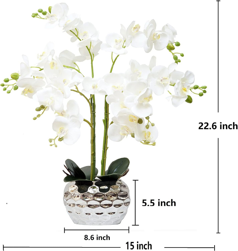 Orchid Artificial Flowers Decor, Faux Orchids with Silver Vase Phalaenopsis Fake Flowers Real Touch Flowers Plants