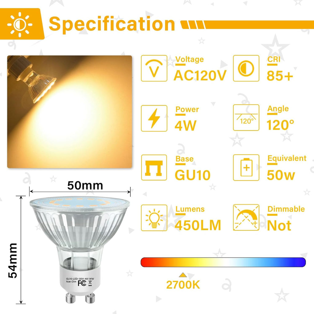 GU10 LED Light Bulbs, 50 Watt Halogen Equivalent, 2700K Warm White GU10 Bulb Replacement for Track&Recessed Lighting