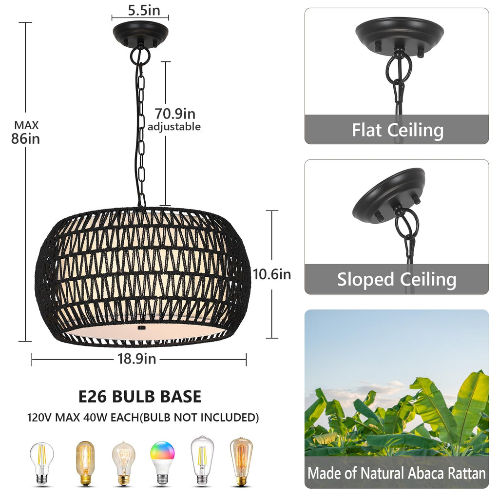 Farmhouse Chandeliers, 5-Lights Rattan Boho Chandelier Light Fixture, Black Woven Dining Room Light Fixture with