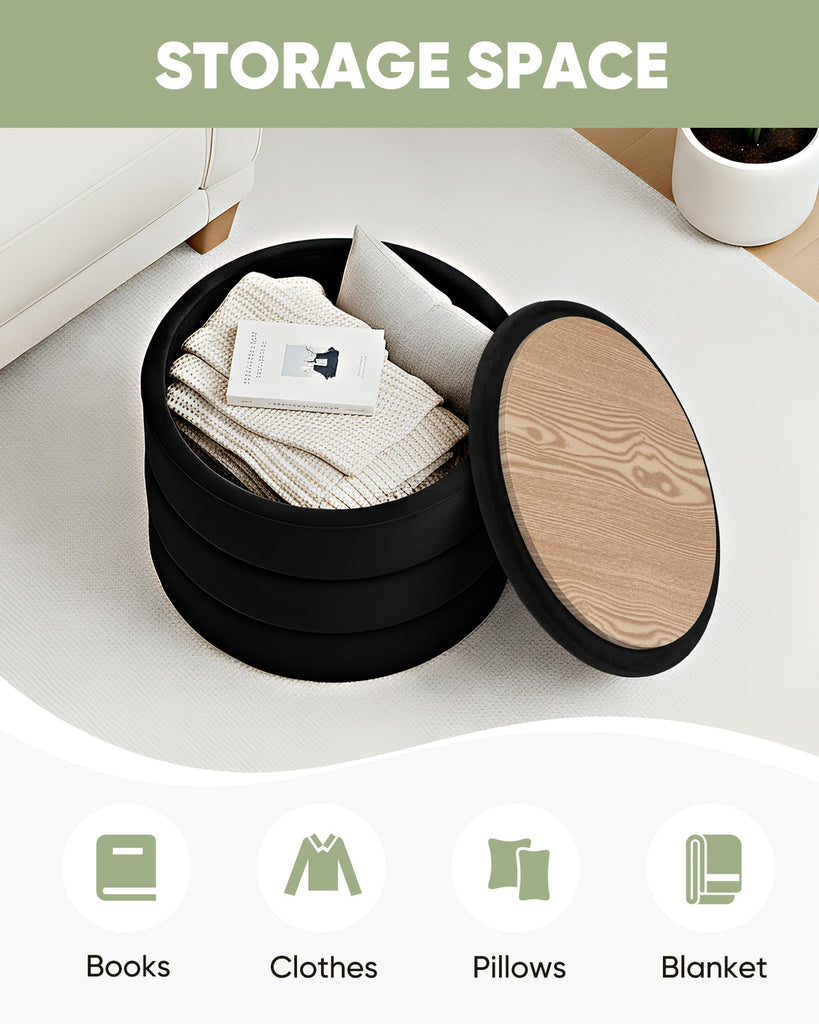 22.8" Round Velvet Storage Ottoman with Tray, Black