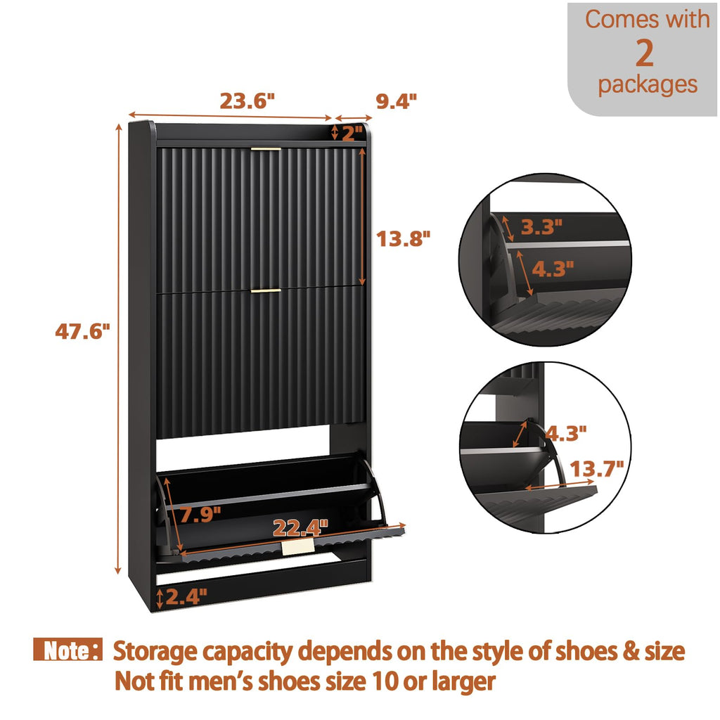 Black Fluted Shoe Cabinet, Narrow Entryway Storage Rack Organizer