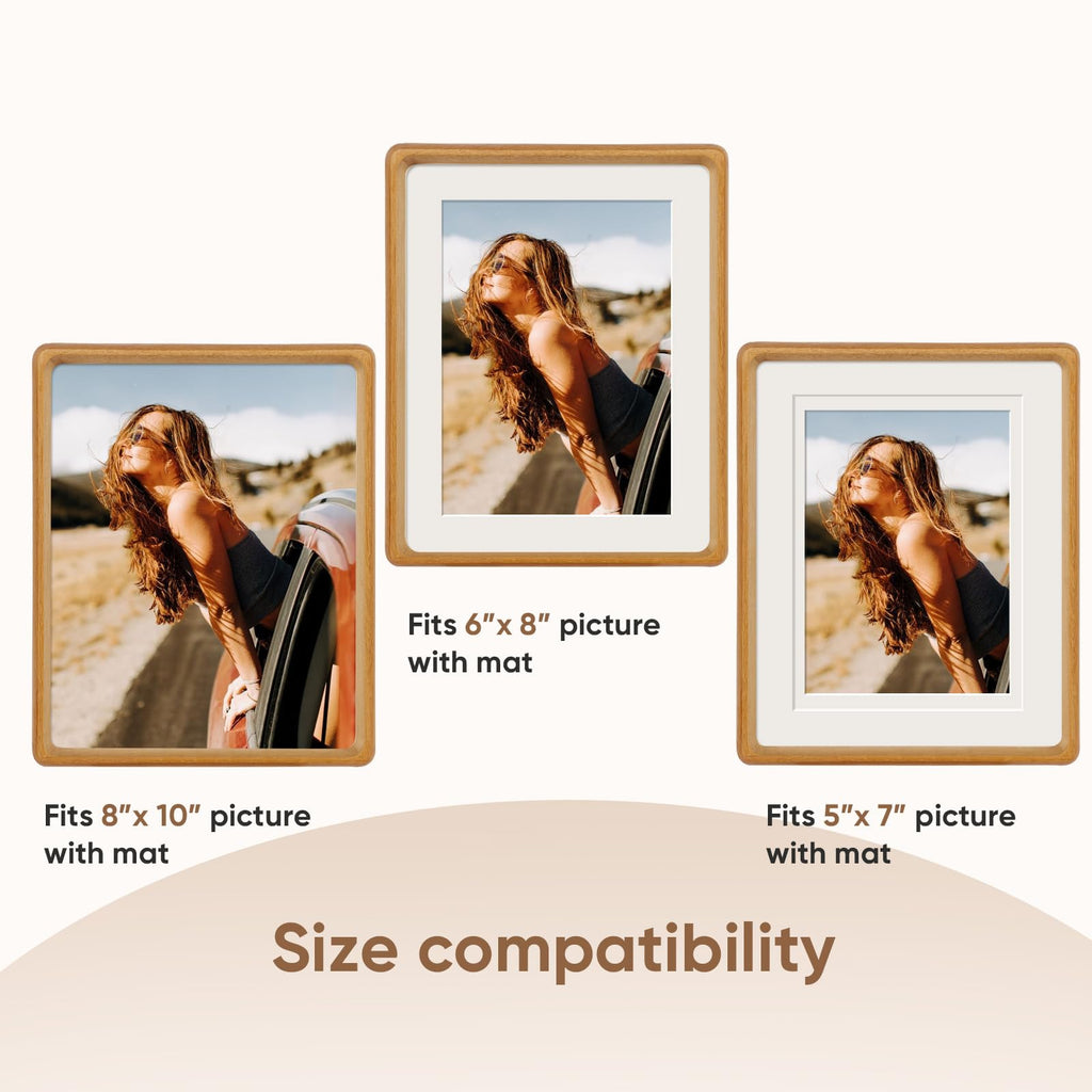 8x10 Picture Frame with 5x7/6x8 Mat - Solid Teak Wood Farmhouse Frame, Wall & Tabletop Display for Vintage Portraits