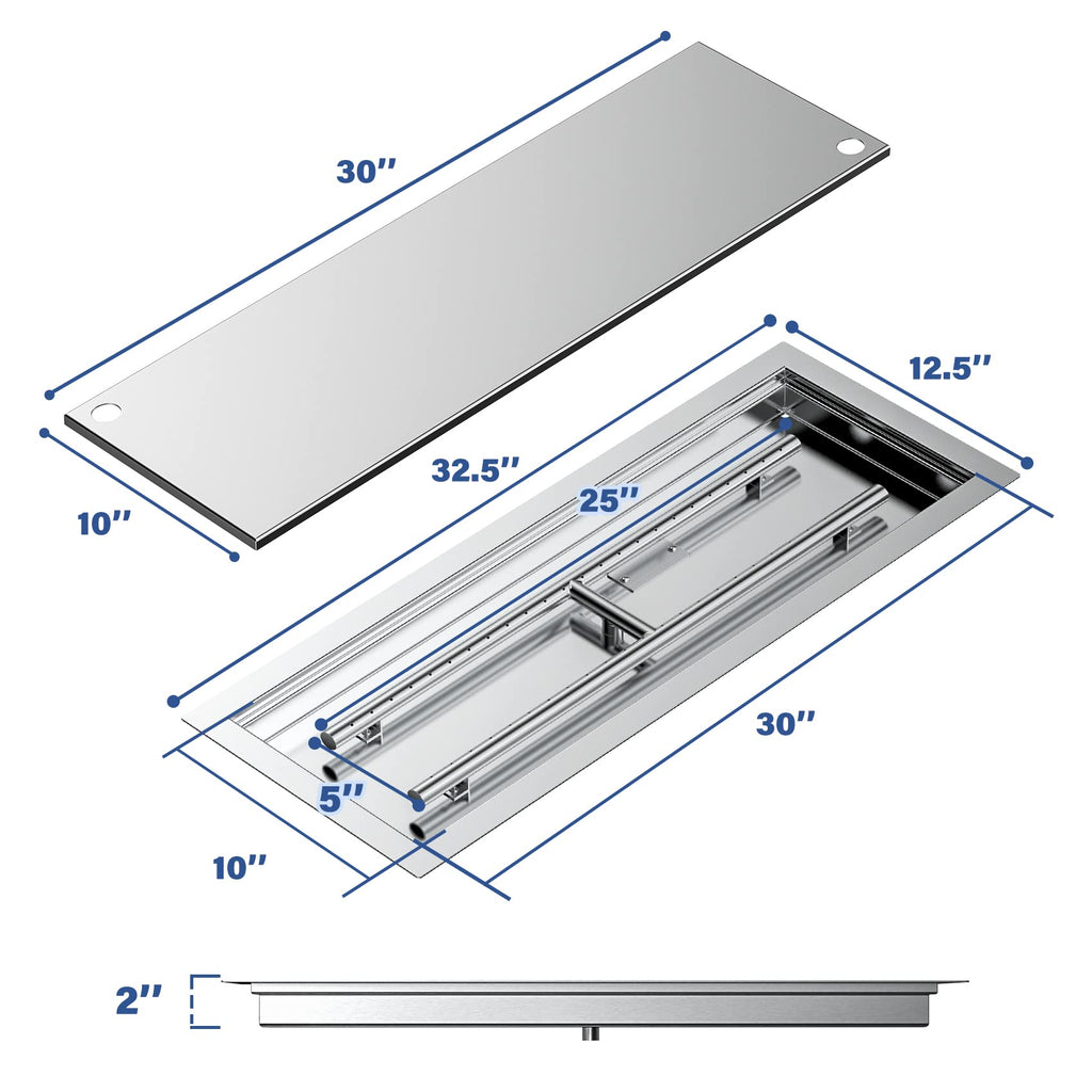 Rectangular Stainless Steel Fire Pit Pan & Burner, 30x10