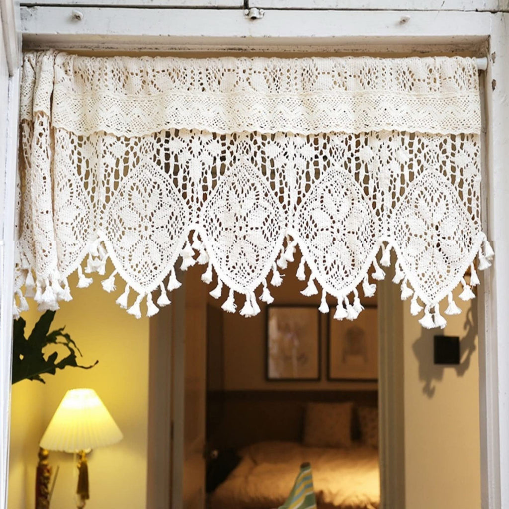 Short Curtain for Small Window Sheer Transparent Beige Cotton Hollow Crochet Lace Chic Bohemian Valance Panel Drapes