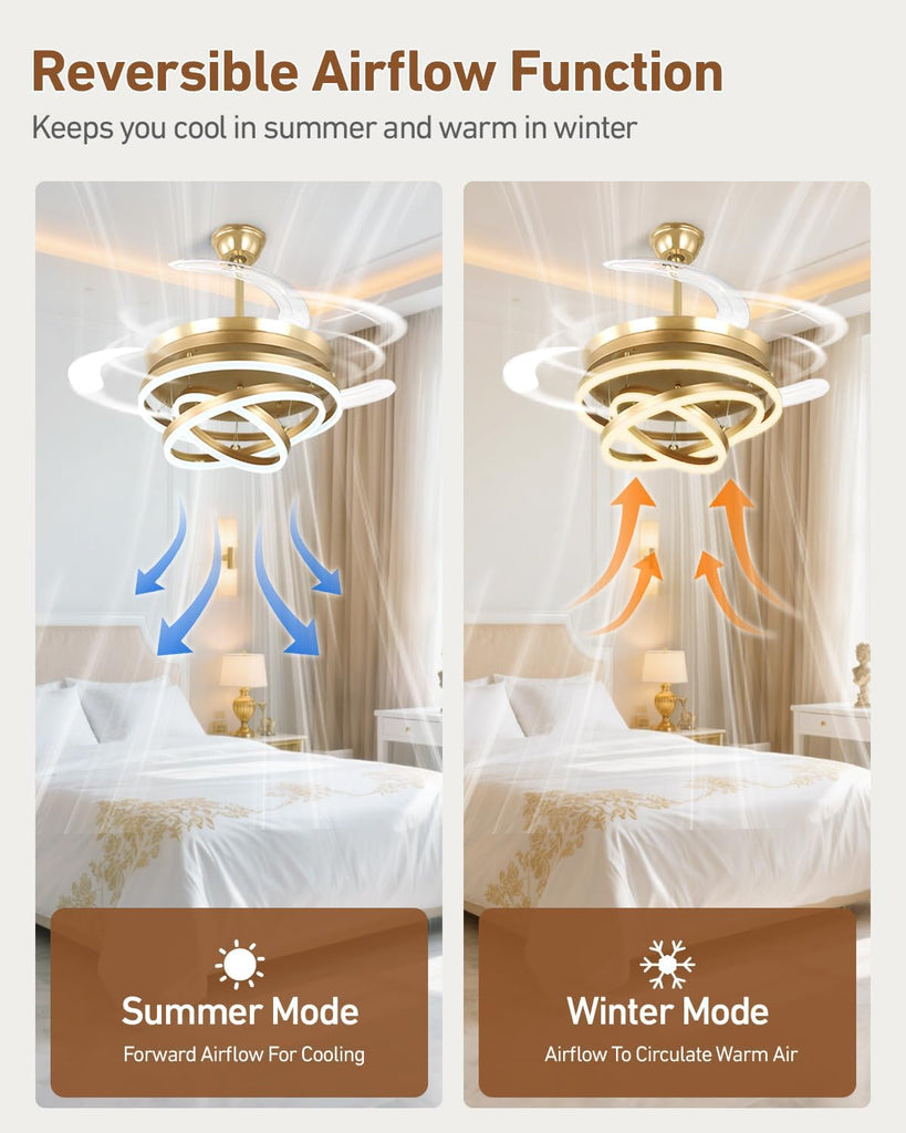 42 Inch Retractable Ceiling Fan with Lights, Gold Fandelier Chandelier Fan with Remote, 6-Speed Silent DC Motor