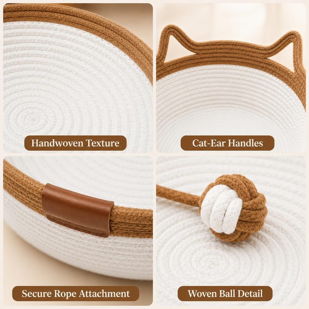 Instinct Basket for Cats, 40cm Handwoven Cat Basket Bed, Cotton Rope Cat Bed with Ear-Shaped Handles & Rope Ball