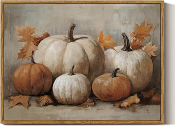 Framed Canvas Wall Art Vintage Decor, Fall Pumpkin Wall Decor Bedroom Bathroom, Rustic Autumn Still Life Paintings