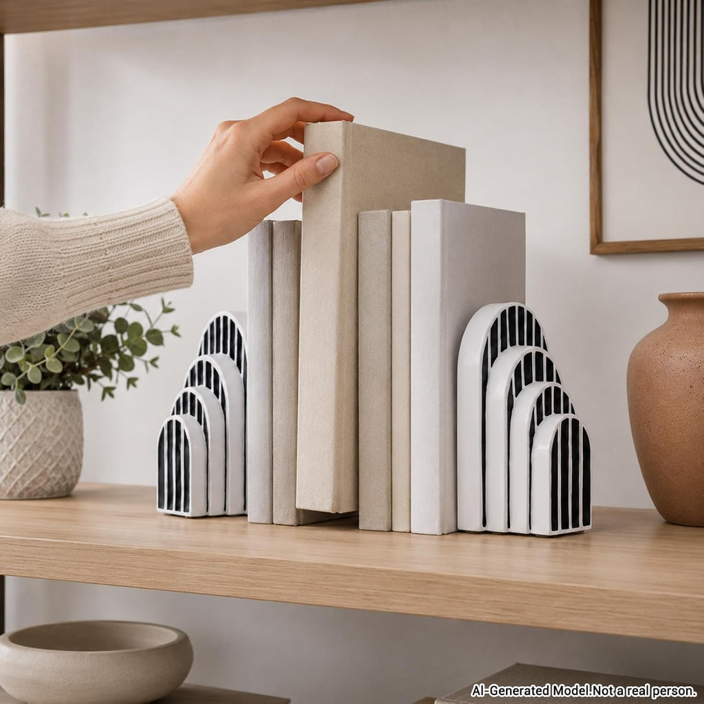 Modern Striped Arch Bookends Set of 2 Resin Black White Geometric Shelf | Stylish modern striped arch bookends