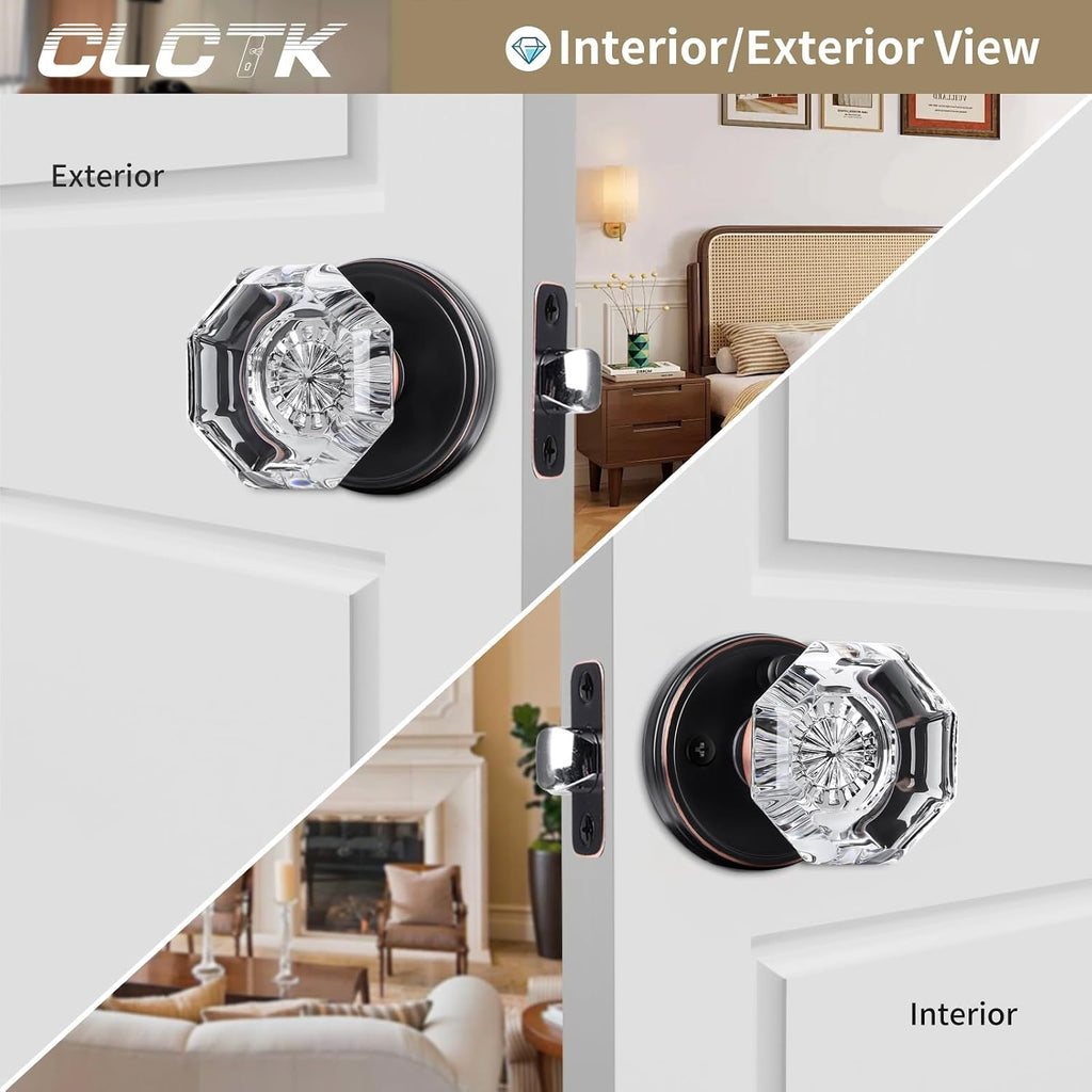 Glass Door Knobs Interior with Lock, Vintage Crystal Privacy Octagon Oil Rubbed Bronze Door Knobs Bathroom