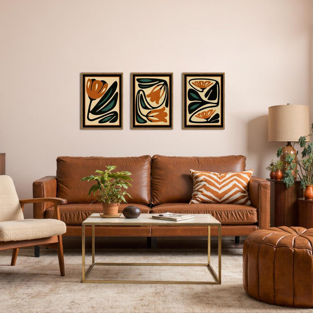 Mid Century Floral Wall Art Set of 3, Modern Abstract Botanical Wall Decor Picture, Vintage Boho Eclectic Plant