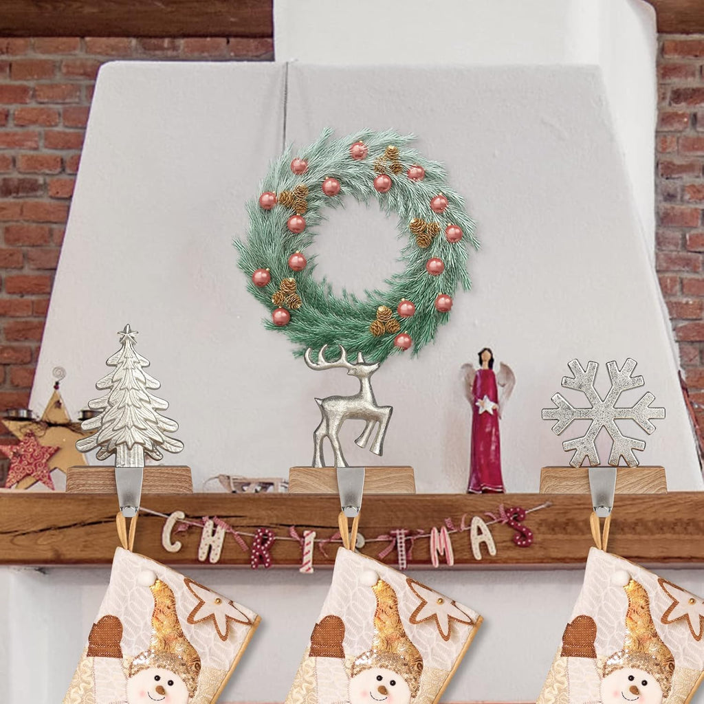 Christmas Stocking Holders for Mantle Set of 3 Tree and Snowflakes and Deer with Non-Skid Silver Stockings Holders