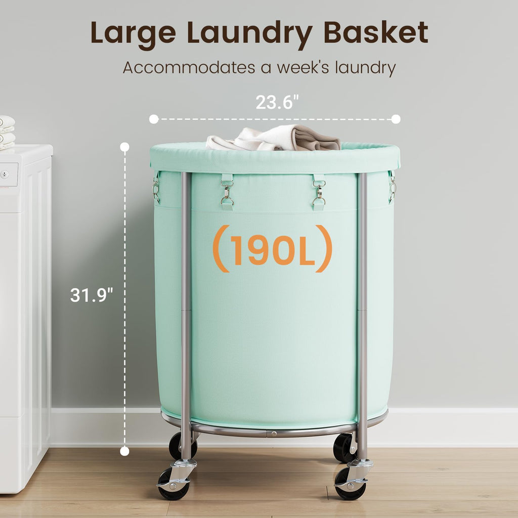 Laundry Basket with Wheels, Round Rolling Laundry Hamper, Mint Green