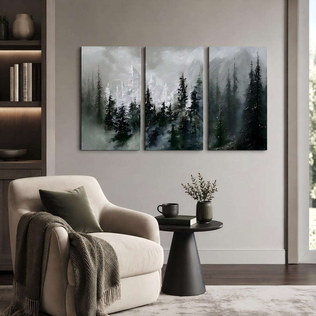 Nature Landscape Framed 3‐Panel Canvas Wall Art, Textured Impasto Foggy Conifer Forest With Misty Mountain Backdrop