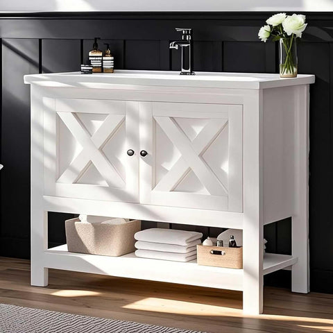 Farmhouse Bathroom Vanity with Sink, 35 Inch Bathroom Vanity Cabinet, Freestanding Vanity, 2 Doors and Open Shelf, Bathroom Cabinet with Ceramic Sink, White A133-B0FBG1DHWL