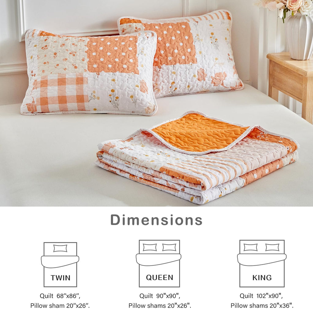 Floral Patchwork Quilt Set, 3 Pieces Orange Flower Plaid Bedspread Coverlet Set, Lightweight Soft