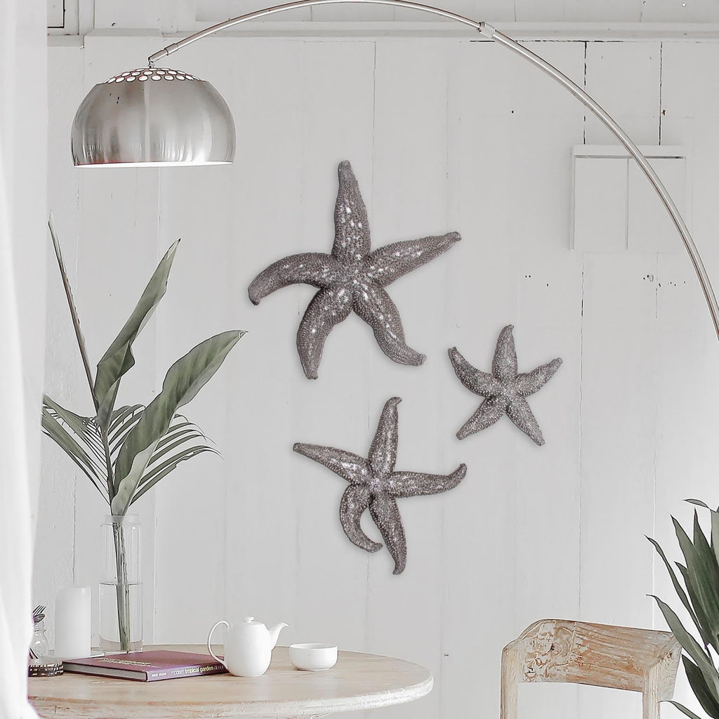 Decorative Deep Starfish Figurine Hanging Wall Art and Garden, Silver Leaf Finish Abstract Sea Animal Figure for