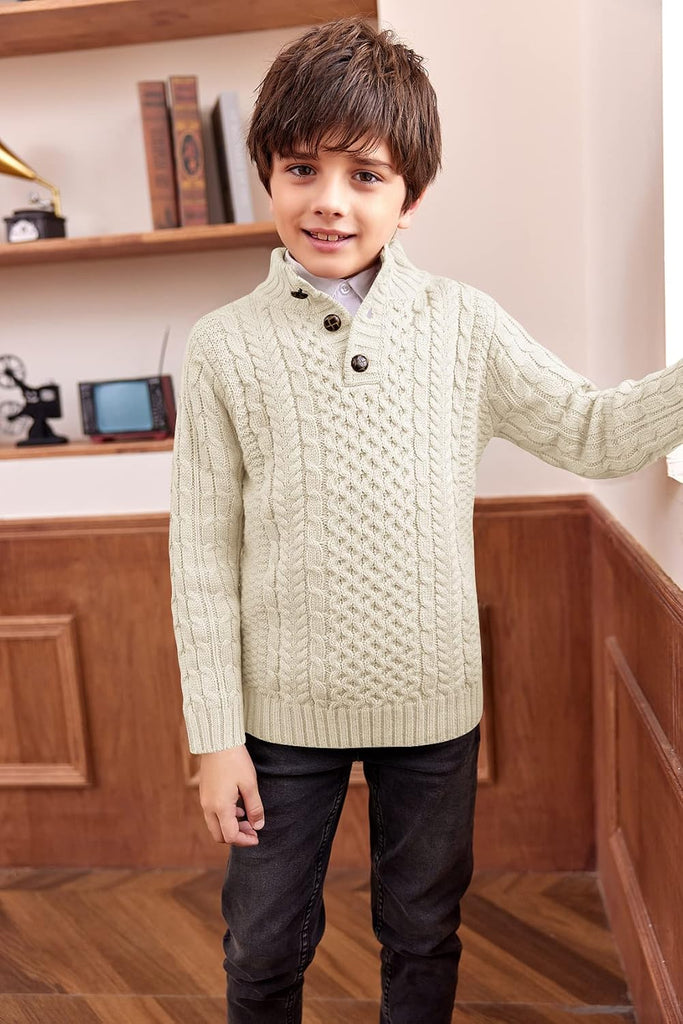 Boys Mock Neck Pullover Sweater Button Cable Knit Jumper