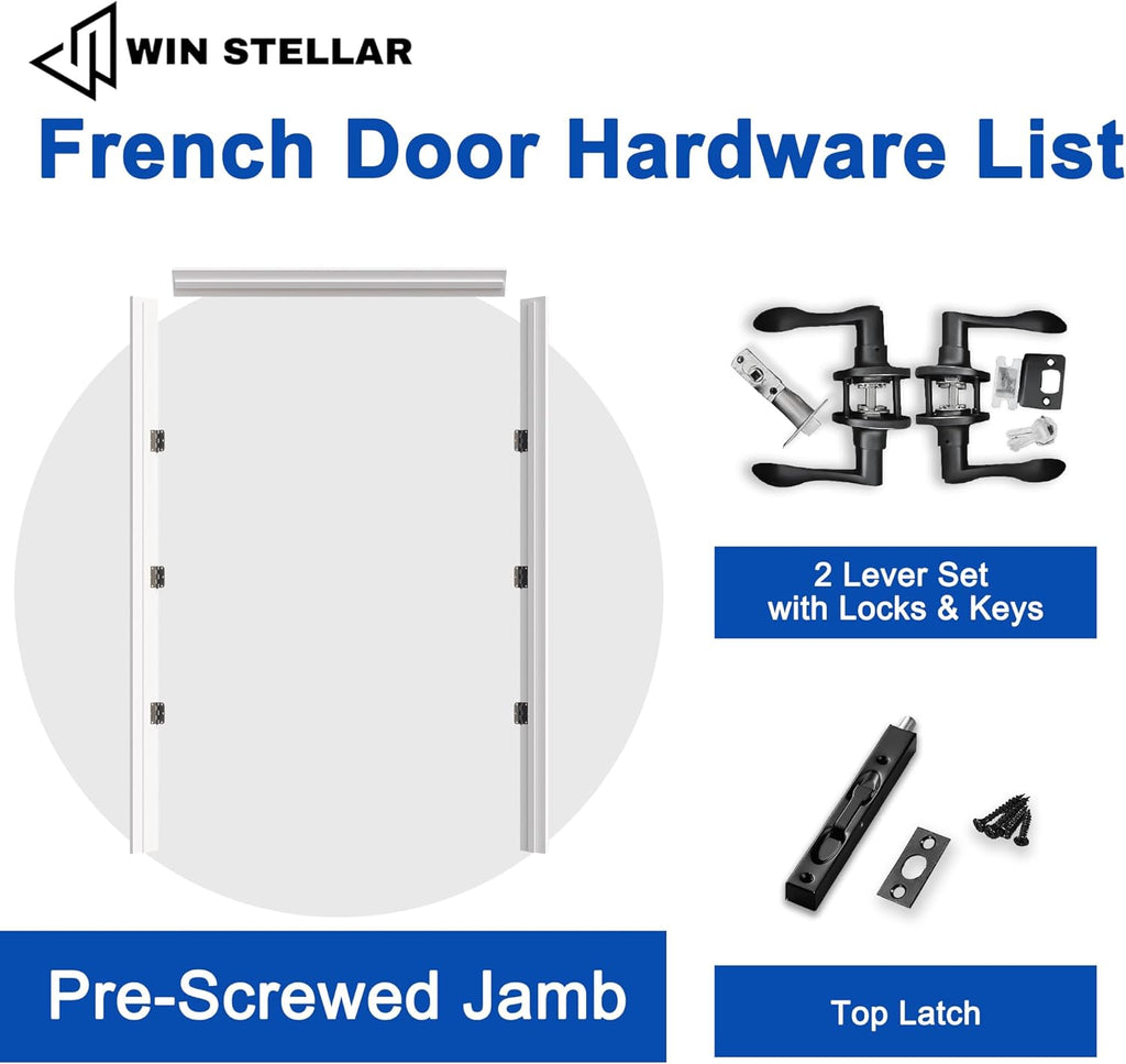 French Door 60" x 80" (Double 30" x 80") Clear Glass Door Slabs with Pre-Hung Jamb, Black Hinges, Levers and Latch
