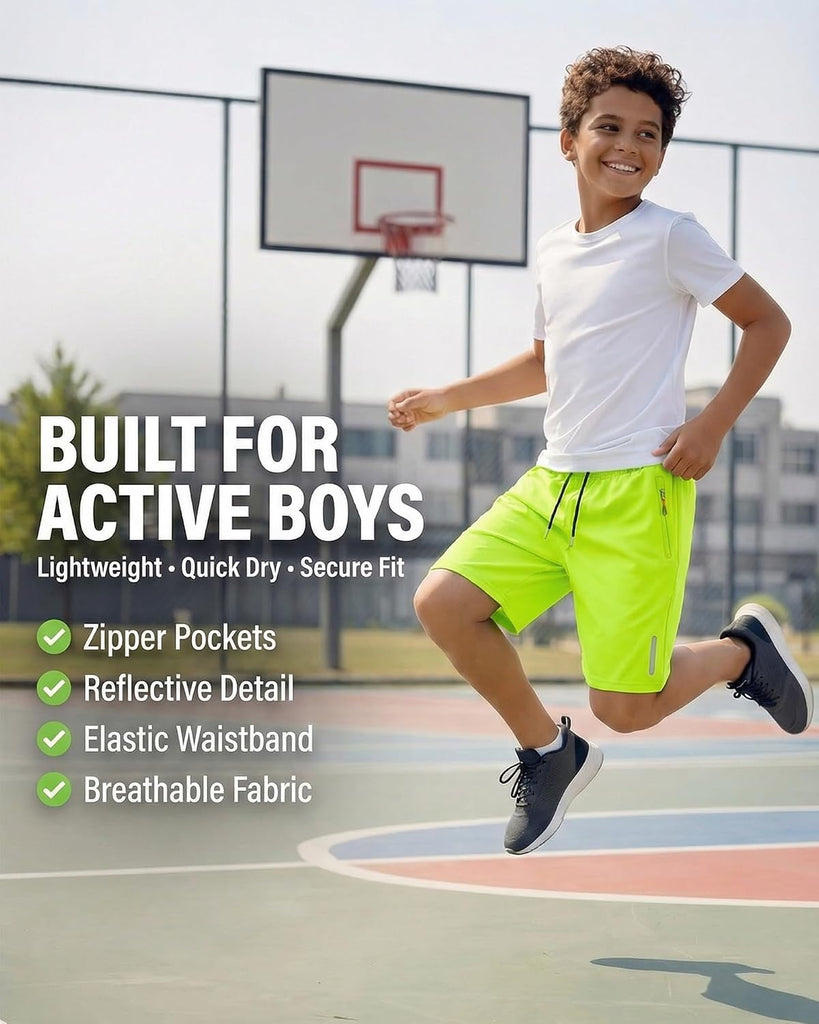 Boys Athletic Shorts Pack, Kids Lightweight Quick Dry Shorts with Zipper Pockets for Basketball, Soccer