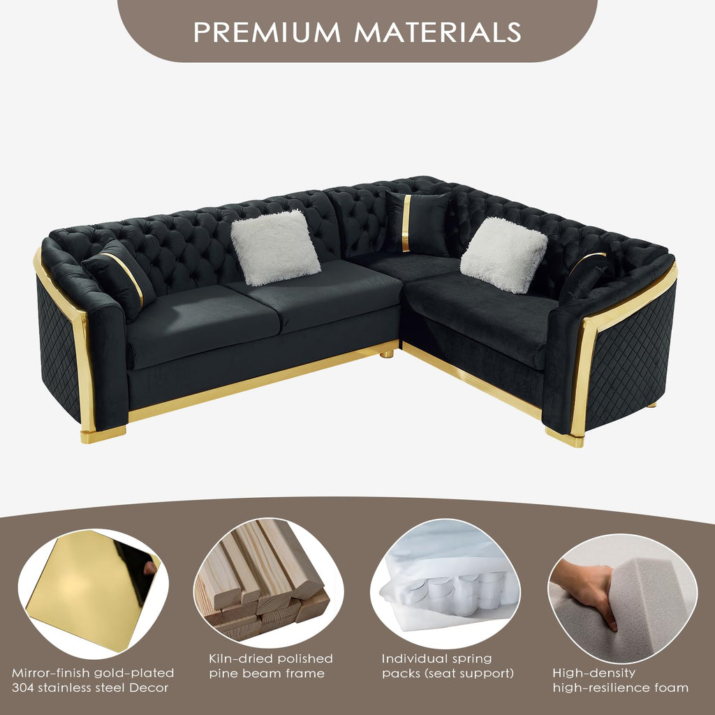 106" Oversize Button Tufted Chesterfield Sectional Sofa Set, Velvet L-Shaped Luxury Couches with Gold Stainless Steel