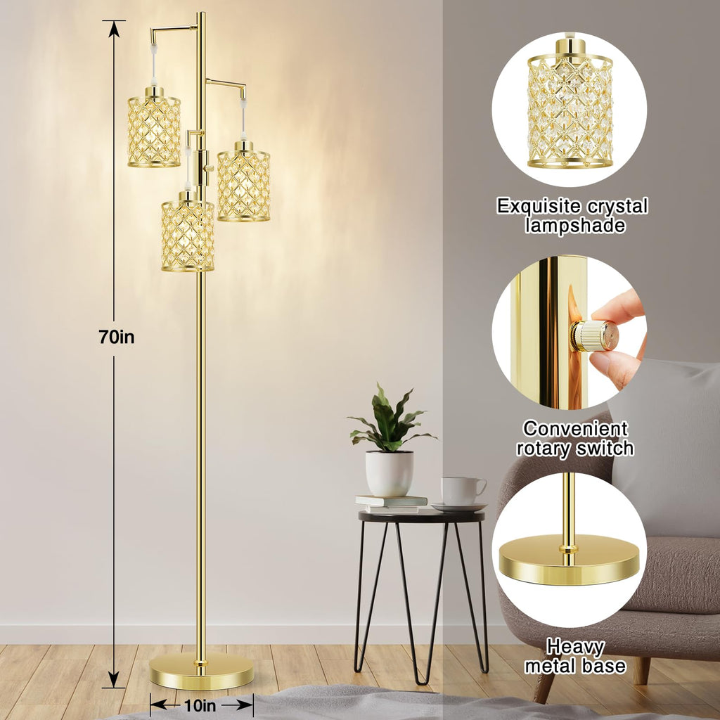 Morden Gold Crystal Floor Lamps, 3-Light Standing Tall Lamp with Elegant K9 Crystal Shade & Rotary Switch, Modern
