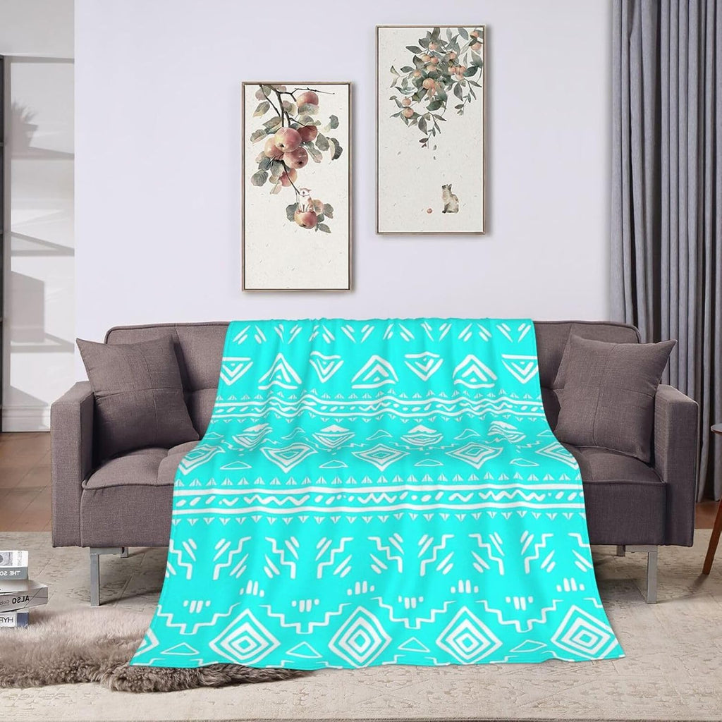 Turquoise Teal Western Boho Tribal Throw Blanket Gifts for Women, Soft Fuzzy Warm Cozy Flannel Blankets, Travel