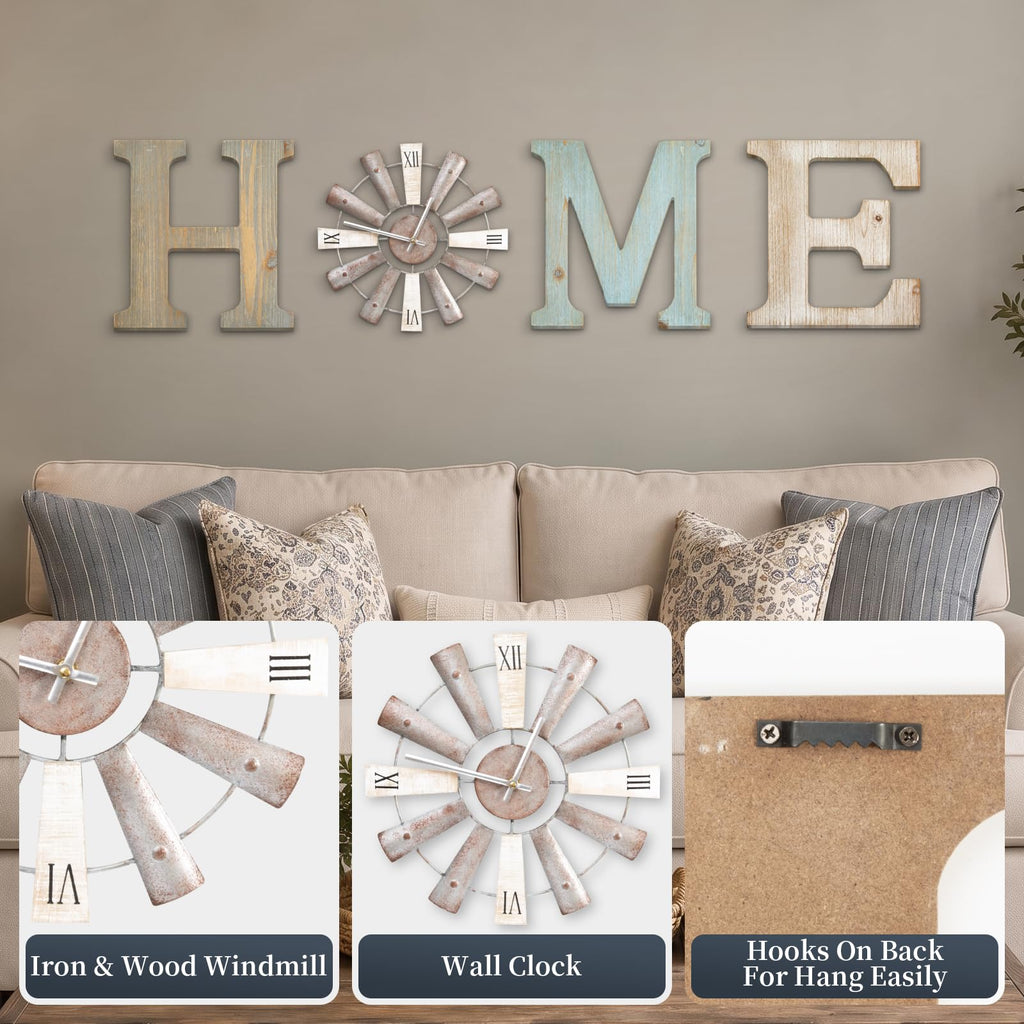Farmhouse Home Signs with Windmill Clock Wall Decor Rustic Home Letters Wall Art Kitchen Entryway Dining Room Bedroom