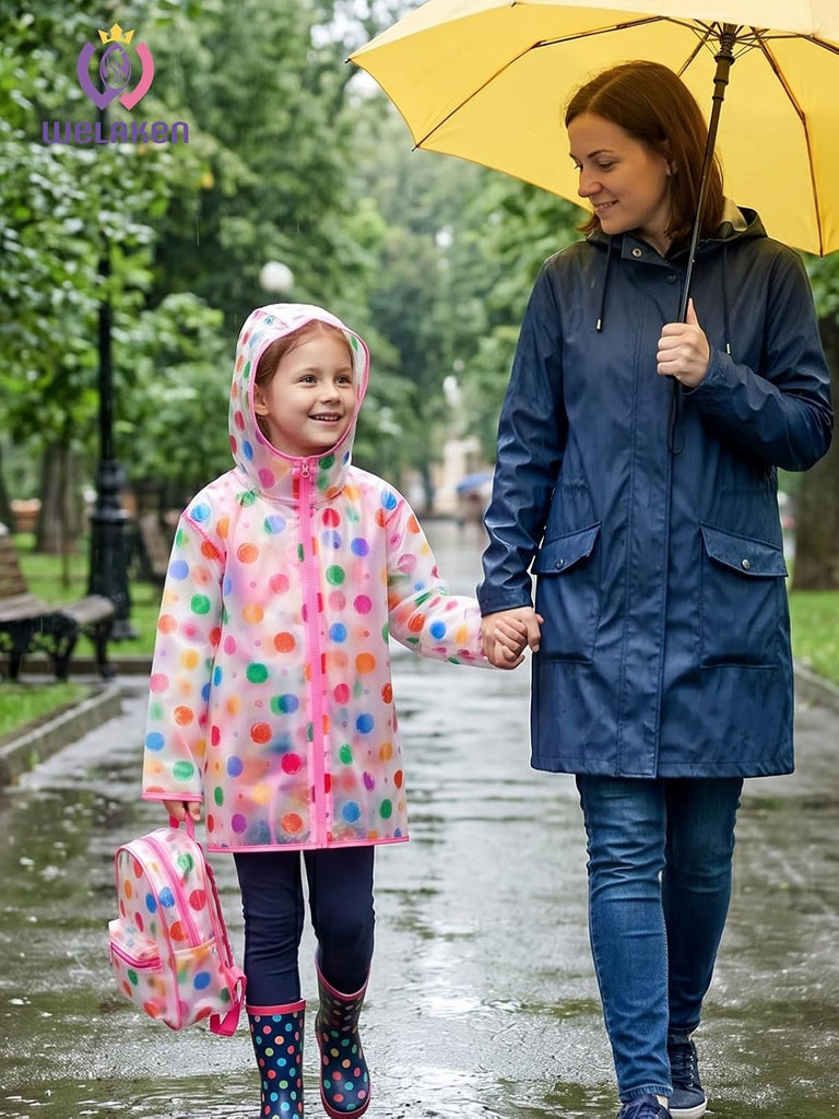 Girls Hooded Printed Rain Jacket Lightweight Water Resistant Raincoat with Zipper