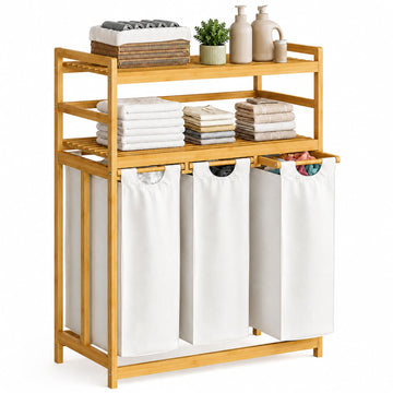 Bamboo 150L Laundry Hamper with 2 Tiers Shelf, Laundry Room Organization