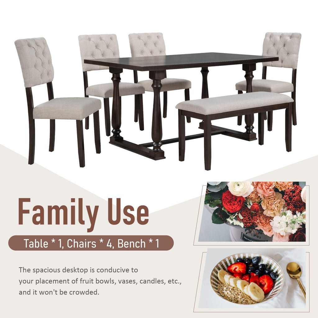6-Piece Classic Dining Table Set with Special-Shaped Legs and Cushions Chairs, Modern Dining Table Set with Bench and