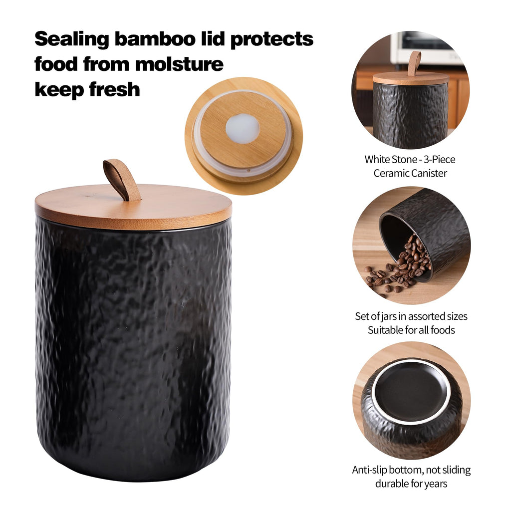 Black Stone Ceramic Canister with Bamboo Lid, 3-Piece Airtight Jars