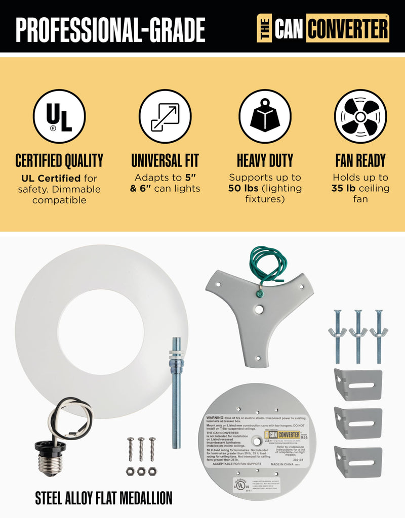 R56 Recessed Can Light Conversion Kit w/ 7"3⁄4 Flat Steel Ceiling Medallion - Home Improvement for 5" & 6" Cans