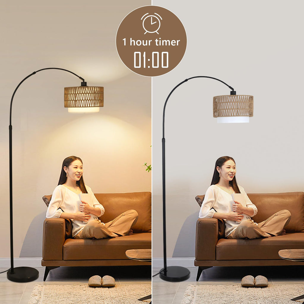 Arc Floor Lamp with Remote, Modern LED Floor Lamp with Dimmable Bulb, Boho Farmhouse Standing lamp with Fabric &