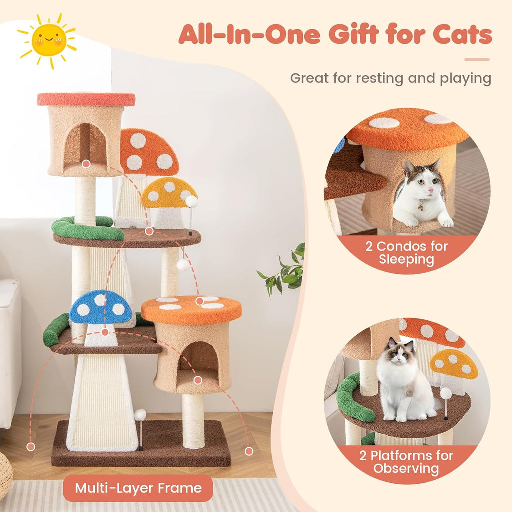 Mushroom Cat Tree, Multi-Level Cute Cat Tower with Full-Wrapped Sisal Posts, Scratching Boards & Interactive Balls, 2