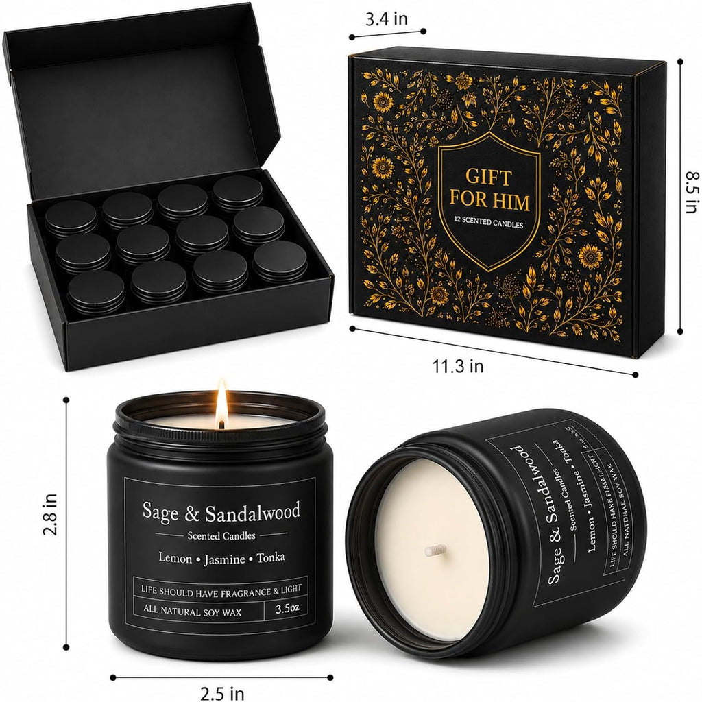 12 Pack Scented Candles for Men, Masculine Soy Candle Gift Set, 3.5 oz Each, Woody Leather Tobacco Coffee & Amber
